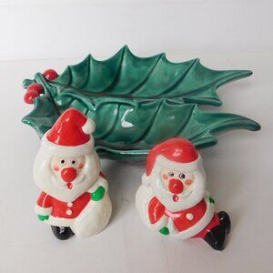 Green Holly Leaf Berry Stem Christmas Candy Dish  & Santa Figurine Set Vintage
